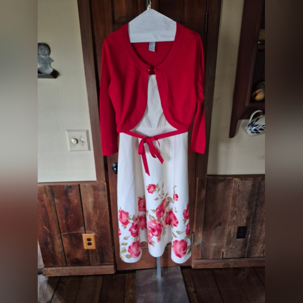 Jessica Howard Red Floral White Dress Ribbon Belt And  Red Cardigan  SIZE 10